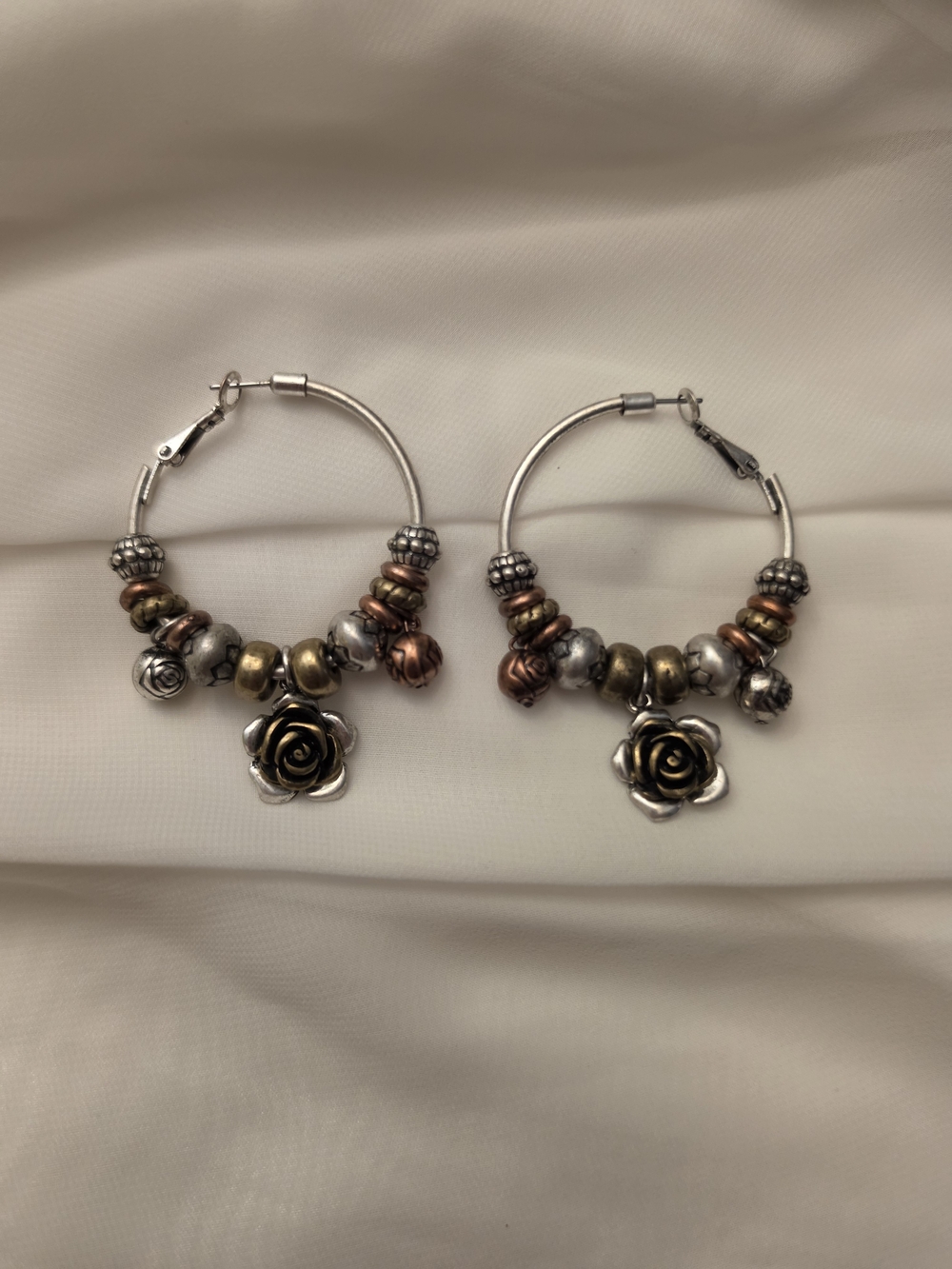 Silver Hoop Earrings with Rose Charms - Mixed Metal Accents